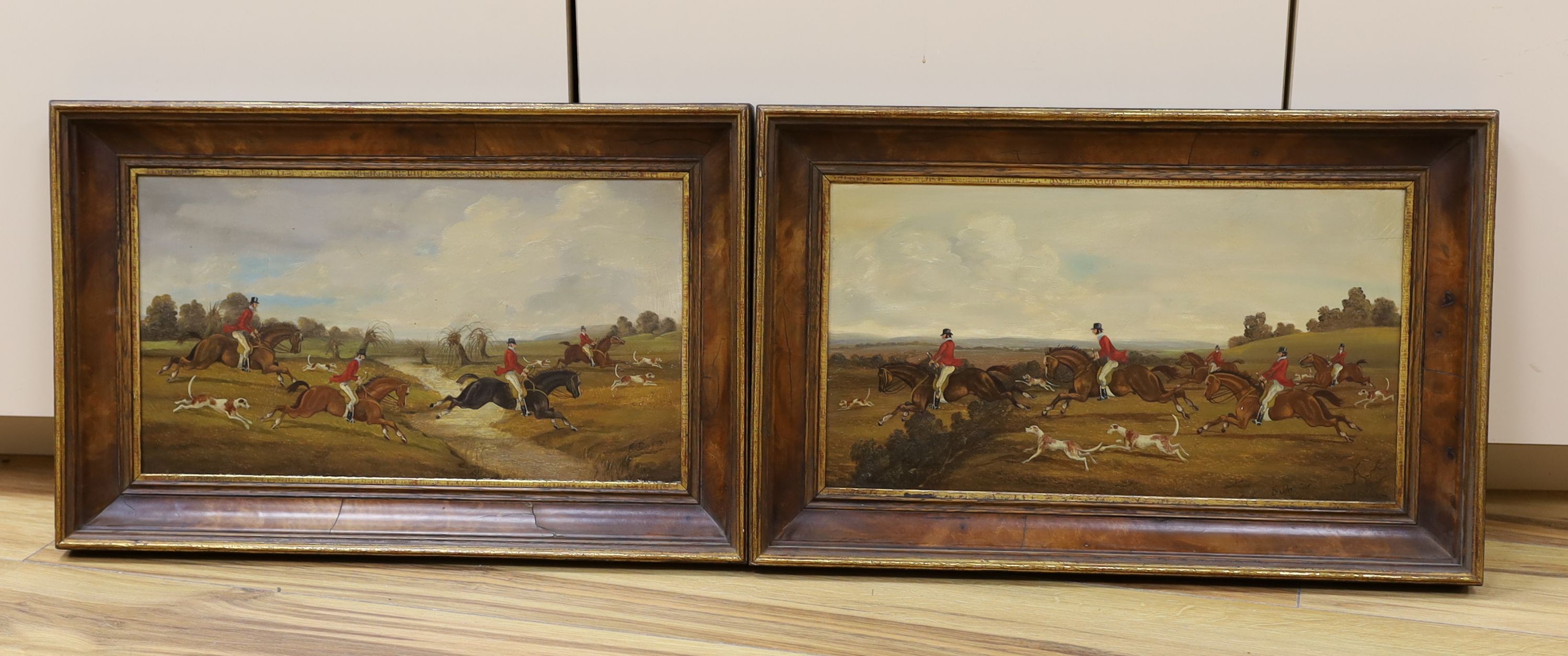 E. Davies, pair of oils on panel, Hunting scenes, signed, 22 x 40cm